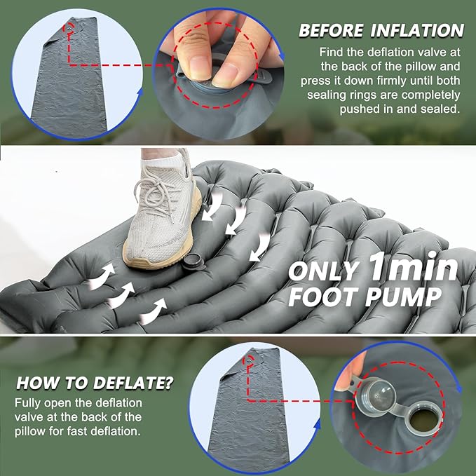 Sleeping Pad for Camping - Ultralight Camping Mattress with Pillow, Built-in Foot Pump, Compact Inflatable Portable Mat for Backpacking, Hiking, Car Traveling, Beach, Tent