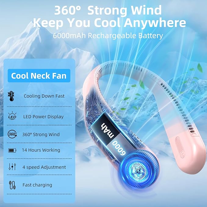 Portable Neck Fan,Gift Ideas,Personal Wearable Bladeless Fan,360° Cooling,LED Display,4-Speeds,6000mAh Rechargeable,Powerful Wind,Outdoor Travel Camping,Birthday Gifts for Men Women Dad Mom (Pink)
