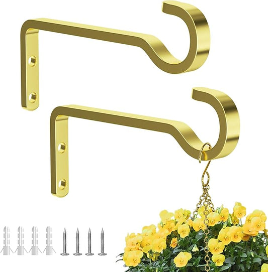 6 Inch 2 Pack Heavy Duty Outdoor Plant Hangers for Hanging Baskets, Iron Plant Brackets, Metal Plant Wall Hooks for Lantern, Bird Feeder, Wind Chimes, Gold