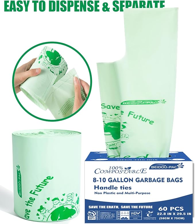 8-10 Gallon Compostable Trash Bags, 120 Count, Compost Bags Kitchen Trash Bags with Handle, Sturdy Biodegradable Garbage Bags Food Scrap Waste Bags, ASTM D6400, US BPI Certified