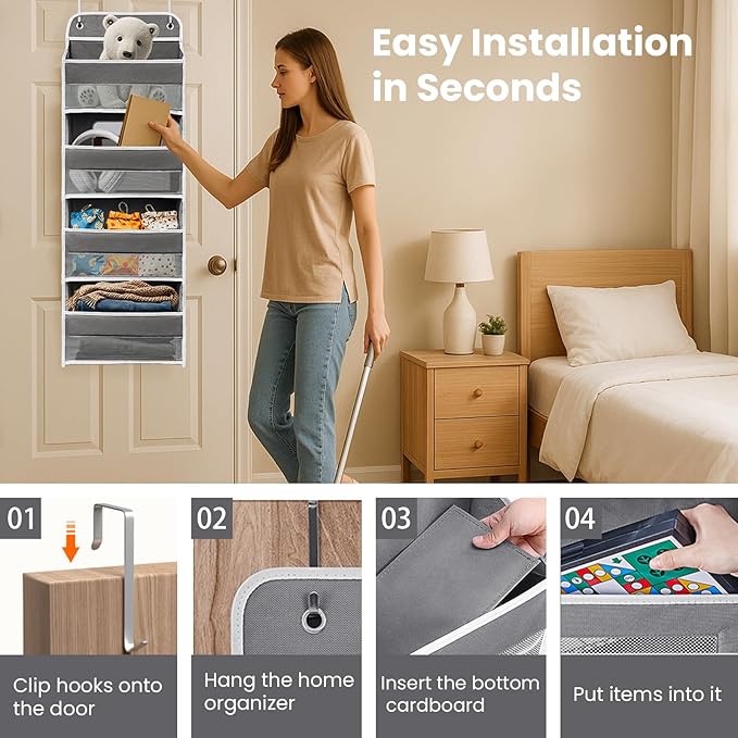 Kitchen Organizers and Storage with 4 Side Mesh Pockets, 44lb Weight Capacity Hanging Behind The Door Storage Suitable for Storing Toys, Shoes, Towels, Dark Grey, 4 Shelf