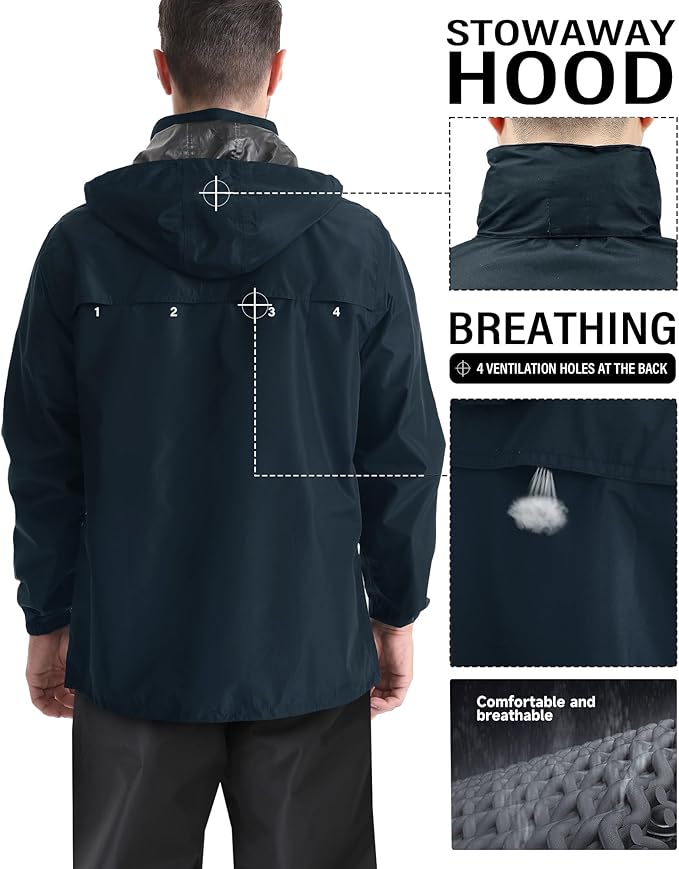 iCreek Men's Rain Jacket Lightweight Waterproof Packable Rain Shell Jacket Raincoat with Hood Windbreaker for Cycling, Golf