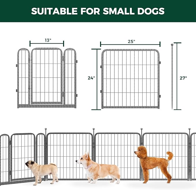 FXW Garden Fence with Door, 24in(H) x 15ft(L) 8 Panels Dog Fence Outdoor for The Yard - Heavy Duty Metal Fencing Tall Animal Barrier for Dog and Rabbit, Easy Assemble