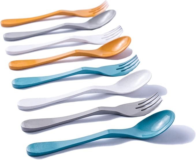 Knork Eco Astrik Reusable Compostable Plant-Based To Go Ware, Utensil Set with Carry Case, Orange Blue White Gray, 8 Piece Utensil Set with Carry Case
