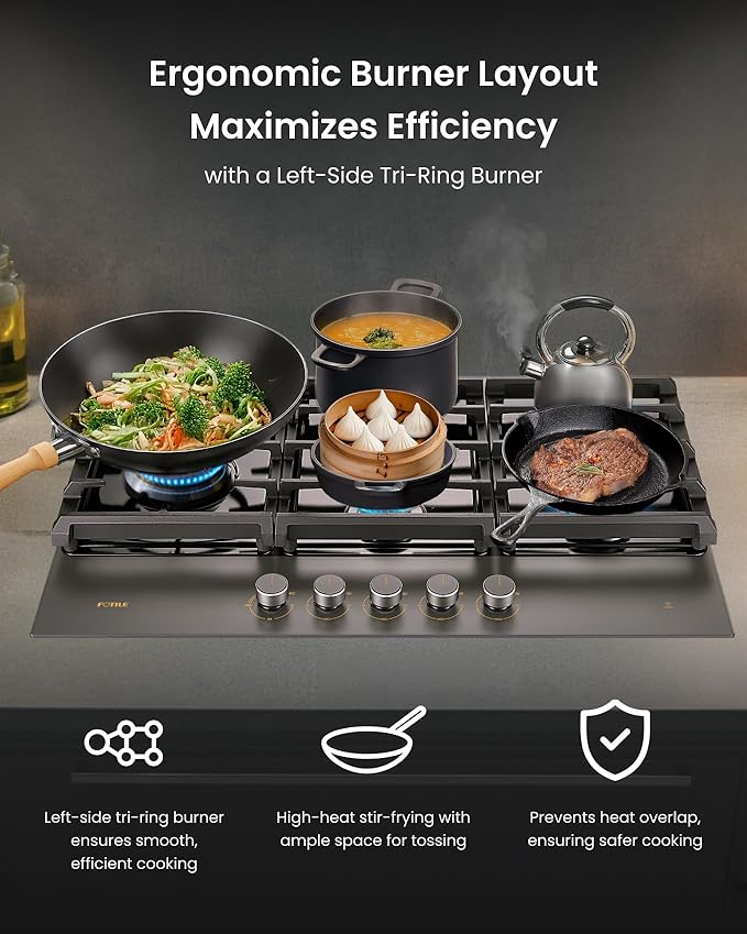 FOTILE GLG36501-Y 36” Moonshadow Grey Anti-glare Tempered Glass 5-Burner Gas Cooktop, Tri-Ring 18,000 BTUs Left Burner with Flame Failure Protection Removable Grates and Installation/LP Kit