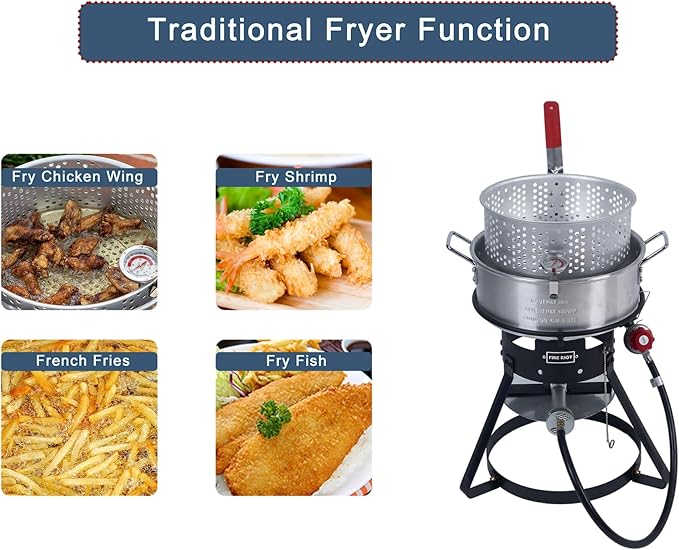 10QT Outdoor Fish Fryer Kit – Heavy-Duty Aluminum Pot, 6.7QT Basket, Propane Deep Fryer with 0-10 PSI Regulator & Steel Frame – Ideal for Seafood & More