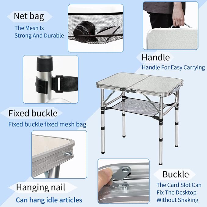 Small Folding Camping Table, Aluminum 3 Adjustable Height Foldable Table, 24" x 16" Portable Lightweight Picnic Table with Mesh Layer for Outdoor Indoor Beach Patio BBQ Backpacking(White)