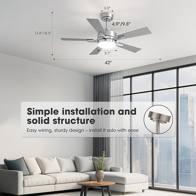 Ceiling Fan with Light, 42" Modern Low Profile Ceiling Fan with Light, DC Reversible Motor, Smart APP & Remote Control, Whisper Quiet, Dimmable LED for Bedroom/Living Room
