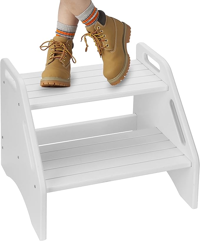 AMBIRD Wooden Two Step Stools Toddler with Safety Non-Slip Pads and Handles, Bamboo Step Stool for Bathroom, Bedroom, Kitchen Dual Height Step Stools for Kids (White)