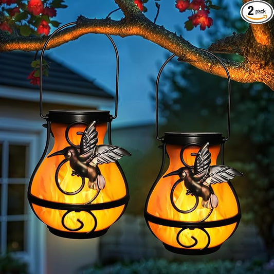 X-PREK 2 Pack Solar Lanterns Outdoor Waterproof Hummingbird Hanging Solar Lantern Flickering Flame Lights Solar Powered Lamps Garden Patio Porch Decoration