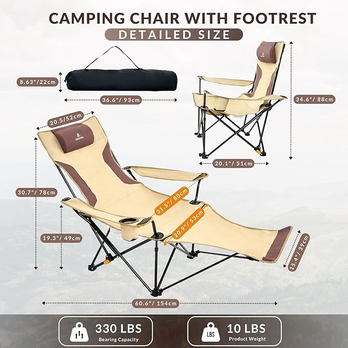Reclining Camping Chair 4-Position Adjustable, Lightweight Folding Lounge Beach Chair for Adults with Removable Footrest & Headrest, Cup Holder & Storage Pouch for Outdoor(330lbs Capacity), Khaki