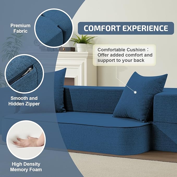 2-in-1 Folding Sofa Bed with Pillows - Folding Chair Floor Couch & Sleeping Mattress - Washable Cover & Memory Foam Sleeper Chair for Living Room/Guest Room/Apartment/Loft, Navy Blue, Twin