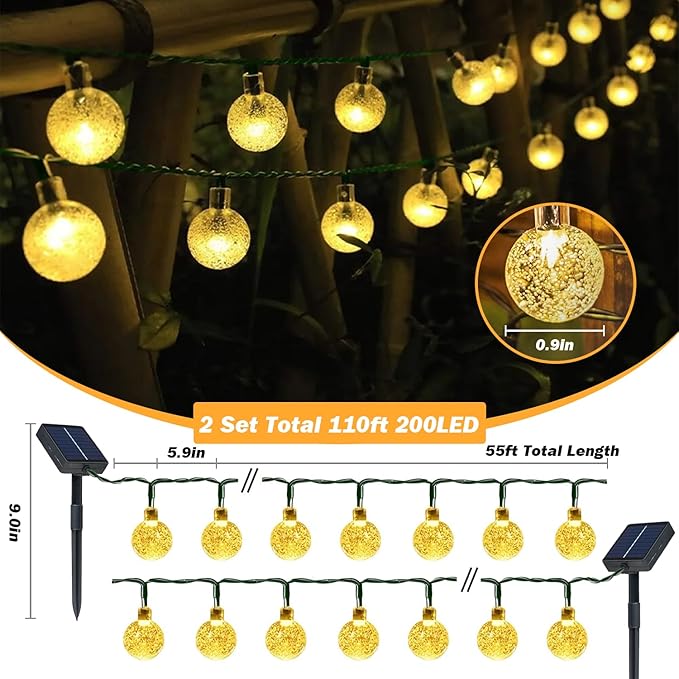 Solar Lights Outdoor Waterproof, 2 Pack Total 200LED 110FT Solar String Lights for Outside with 8 Modes, Outdoor String Lights Crystal Globe Patio Lights for Garden Yard Party Decor(Warm White)