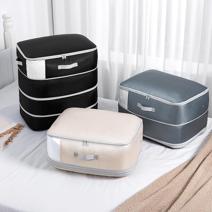 Comforter Storage Bag - 130L Large Capacity Blanket Storage Bags 4-Layer Ultra Space Saving Self Compression Organizer, Washable Compression Bags for Storage Comforter Blanket, 2-Pack, Black