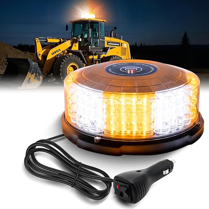 7" Magnetic Beacon Light, Emergency Lights for Vehicles, LED Rooftop Rotating Beacon Light, Amber-White Caution Hazard Beacon Magnetic Strobe Lights for Trucks Tractor Forklifts Boat Car