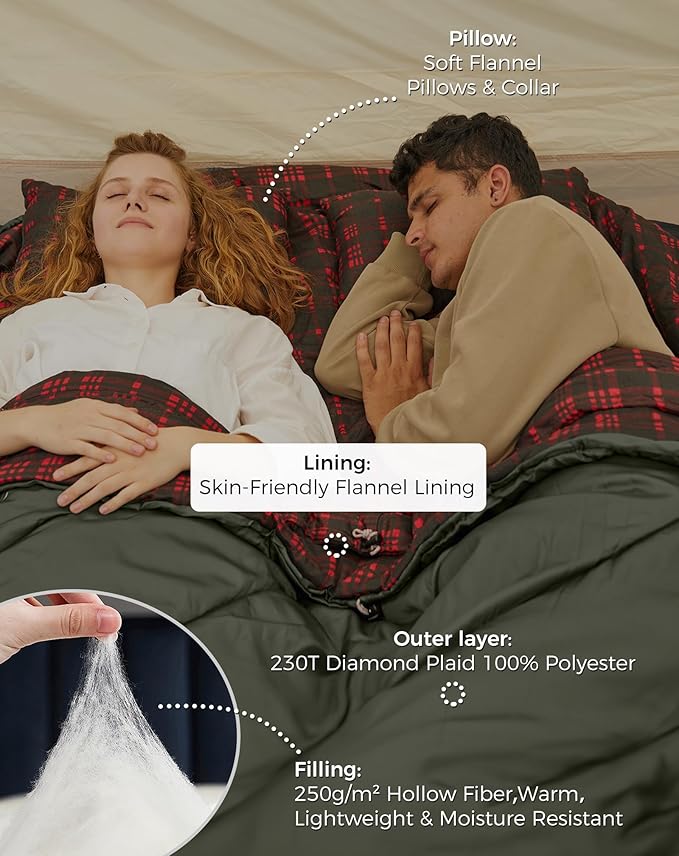 KingCamp Double Sleeping Bag for Adults, Queen Size 2 Person XXL Flannel Sleeping Bag, Waterproof Lightweight Flannel Quilt with 2 Pillows, Perfect for Couples Family Camping Hiking