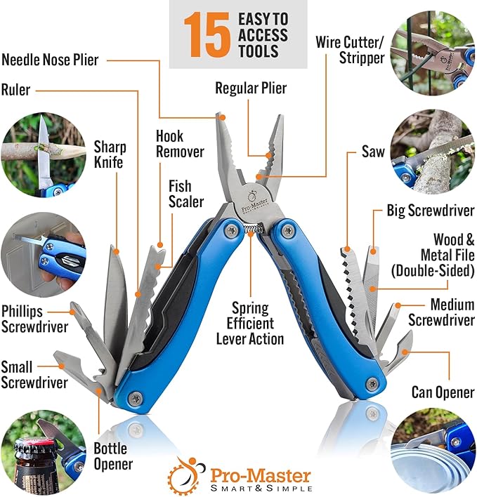 Multitool 15-in-1 with Safety-Locking, Stainless Steel Multi Tool Pliers, Functional Pocket Knife (EDC) for Outdoors, Camping, Hiking, Fishing, Simple Repir, Gift for Father, Husband Brother Boyfriend