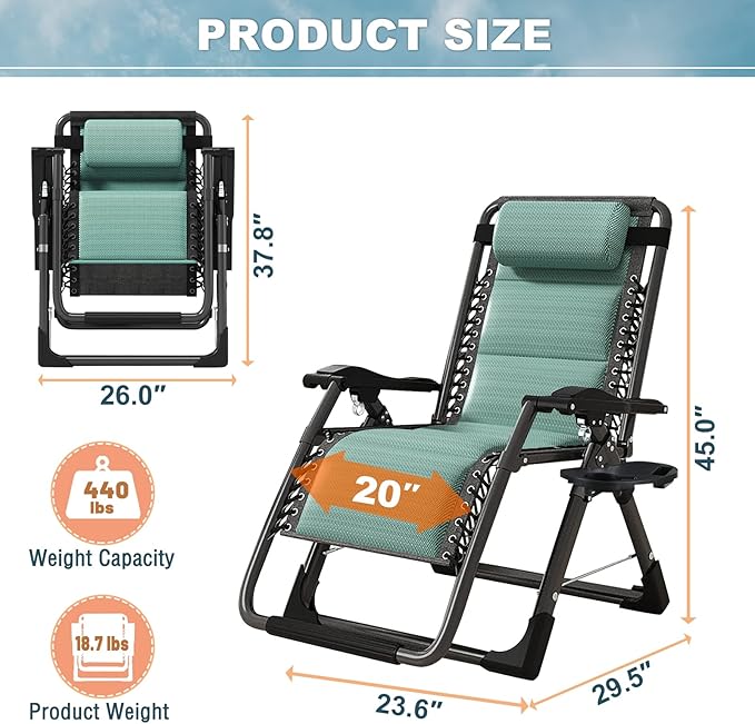 ABORON Zero Gravity Chair,Premium Outdoor Lawn Folding Lounge Chairs,Sturdy Adjustable Reclining Patio Chairs with Built in Cushion,Headrest & Tray