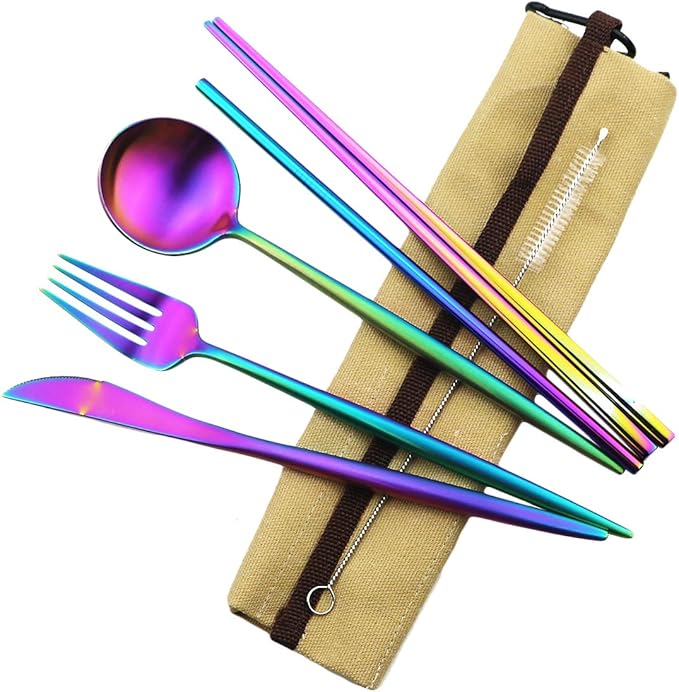 Gugrida Reusable Travel Utensils, 7 Piece Portable 304 Stainless Steel including Knife Fork Spoon Chopsticks Cleaning Brush Straws Portable Pouch, Eco-friendly Camping Silverware Set, Dishwasher Safe