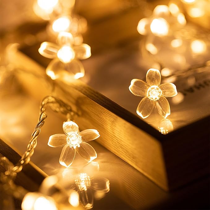 Decorative Flower String Lights for Bedroom, Battery Operated & USB Plug in 10 FT 30 LED Cute Fairy Cherry Blossom Floral Lamps Indoor Outdoor Christmas Holiday Hanging Vine Decorations (Warm White)