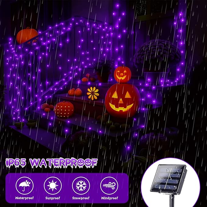 Halloween Solar String Lights, Extra-Long 2 Pack 144FT 400LED Super Bright Solar Fairy Lights Outdoor, 8 Modes Waterproof Copper Wire Twinkle light for Garden Tree Party Halloween Decorations (Purple)