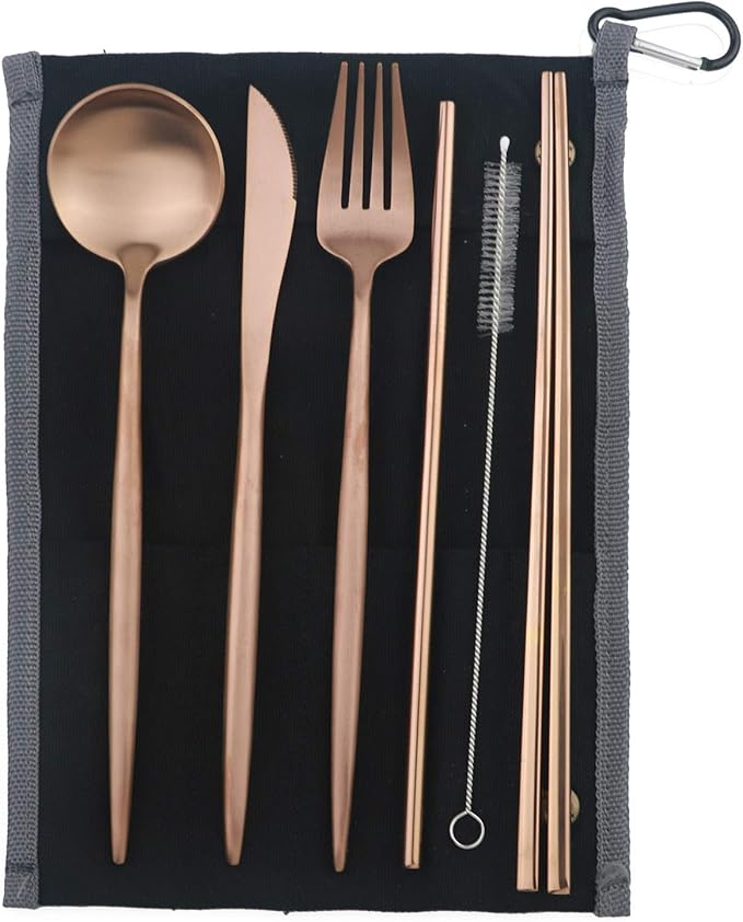 Portable 6 Pieces Flatware Set, 304 Stainless Steel Knife, Fork, Spoon, Chopsticks, Metal Straw, Cleaning Brush, Durable Travel Cutlery Set, Black Pouch Bag, Rose Gold