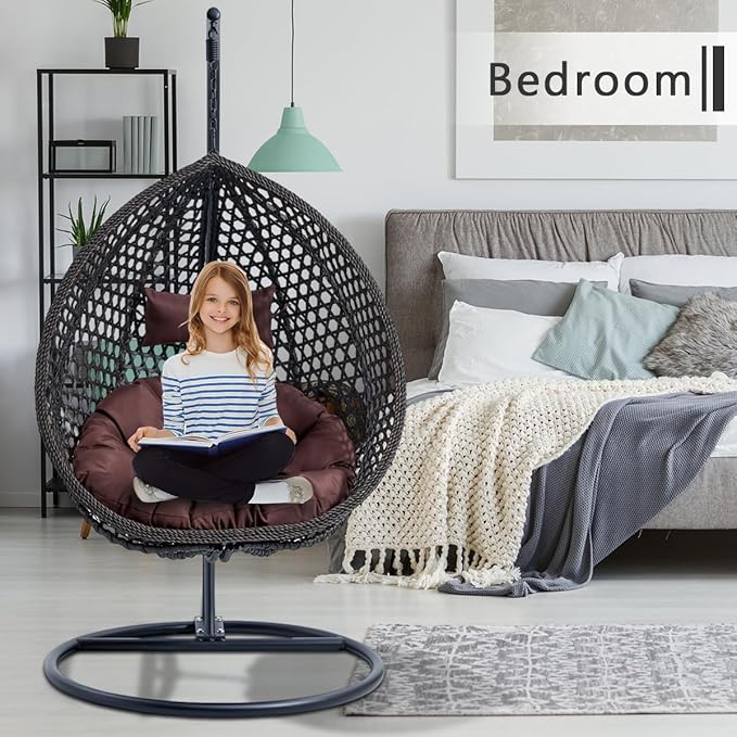 JUFU Egg Swing Chair with Stand,Hanging Egg Chair Indoor Outdoor,Hammock Hanging Basket Chair with Aluminum Steel Frame，Patio Egg Chair with Removable Cushions for Patio Balcony Backyard,Bedrooms