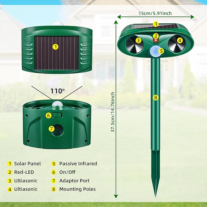 2025 Upgraded Solar Ultrasonic Animal Repeller Outdoor Cat Repellent Deer Repellent Devices with USB Charge, Animal Deterrent Device for Rabbit Raccoon Dog Squirrel Rodent Skunk for Yard Garden,4 Pcs