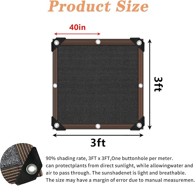 Shade Cloth 90% Sunblock Net for Garden Patio,Shade Sails -for Plants Greenhouse Outdoor Pergola Lawn Swimming Sun Protection Covers for Kennel Chicken Coop Easier to Hang Neting Cover, 3x3 FT