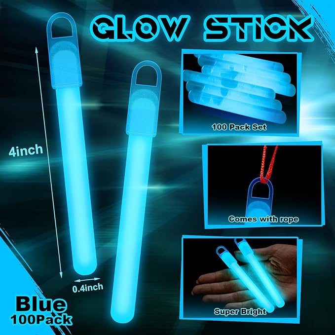 Lewtemi 4" or 6" 100 Pack Bright Glow Sticks Bulk, Glow in The Dark Party Supplies Birthday and Holidays Party Favors