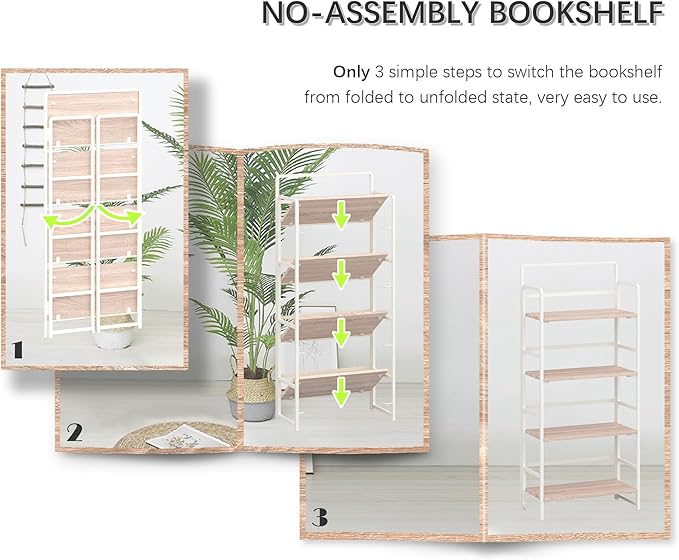 4NM No Assembly Folding Bookshelf, 4-Shelf 54" H Collapsible Foldable Bookcase Storage for Small Spaces, Natural White