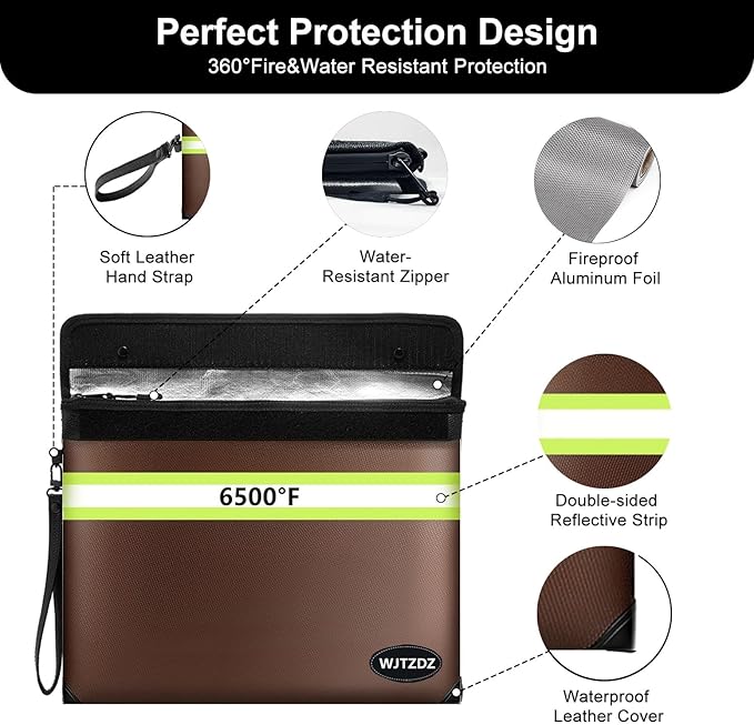 6500°F Fireproof Document Bag,Upgraded Fireproof Money Bag with Waterproof Zipper,10 Layers Heat Insulated Materials/Reflective Strip with Handle for Important Documents