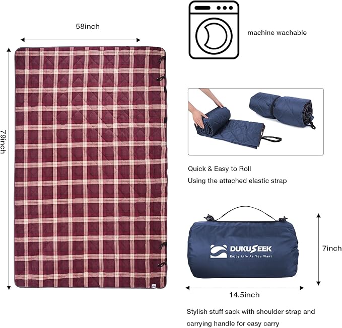 DUKUSEEK Hooded Outdoor Blanket, Extra Large 79" x 59" Waterproof Camping Blanket, Quilted, Thick Fleece, Warm, Windproof, Sand Proof, Portable and Wear-Resistant, Perfect for Stadium, Picnic…