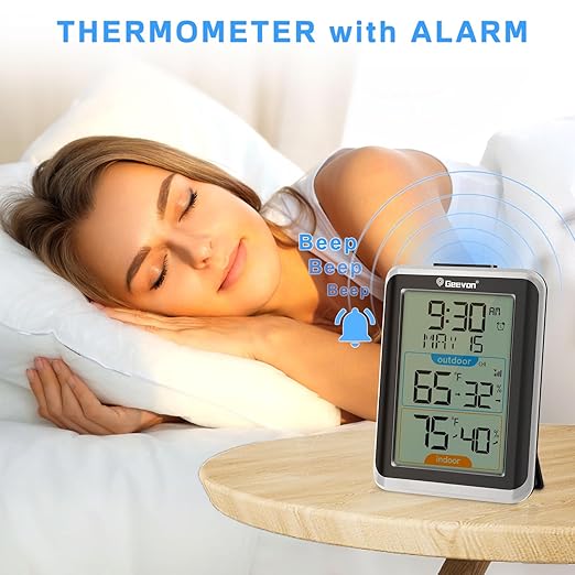 Geevon Wireless Indoor/Outdoor Thermometer & Hygrometer, Digital Temperature & Humidity Sensor with Time, Clock, 200ft/60m Range, 3.8‘’ Large Display