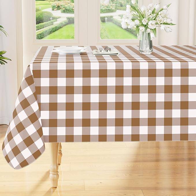Smiry Rectangle Table Cloth, Waterproof Vinyl Tablecloth with Flannel Backing, Wipeable Buffalo Plaid Table Cover for Dining, Indoor and Outdoor (Brown & White, 60"x120")