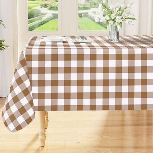 Smiry Rectangle Table Cloth, Waterproof Vinyl Tablecloth with Flannel Backing, Wipeable Buffalo Plaid Table Cover for Dining, Indoor and Outdoor (Brown & White, 60"x102")