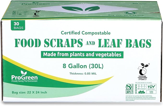 ProGreen Compostable Trash Bags, Extra Thick, Compost Kitchen Bin Bags, Food Scraps Yard Waste Bags, ASTM D6400 BPI and TÜV AUSTRIA Certified (8 Gallon, Pack of 30)