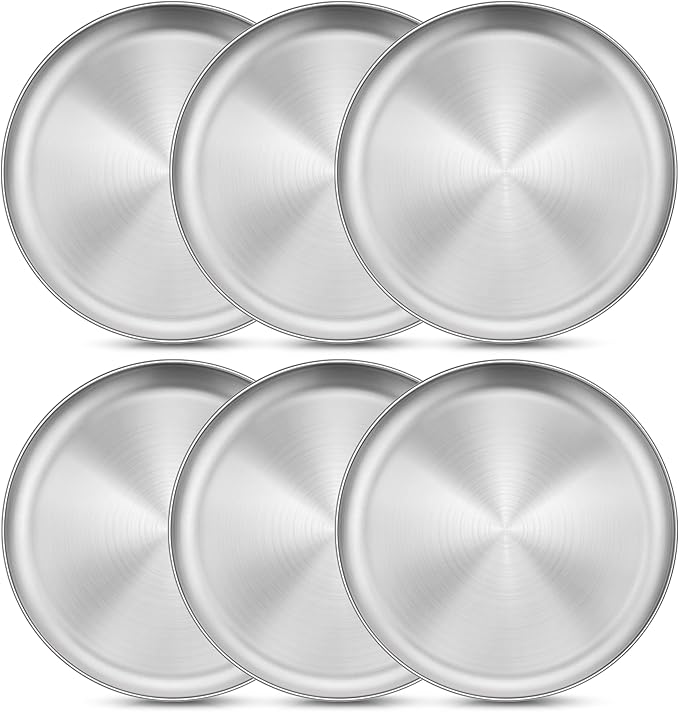 Homikit 6 Pack Stainless Steel Plates, Metal Kids Toddler Dinner Plate Set Non Toxic, 9 Inch Round Camping Plates for Serving Dishes Dessert Salad, Unbreakable & Reusable, Dishwasher Safe
