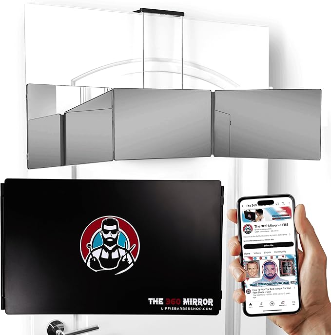 The 360 Mirror - 3 Way Mirror for Self Hair Cutting - Adjutable Trifold Barber Mirro to Cut Your Own Hair - Tri Fold Self Haircut System - Three Sided Mirro for Haircuts (Black - Mini LED Version)