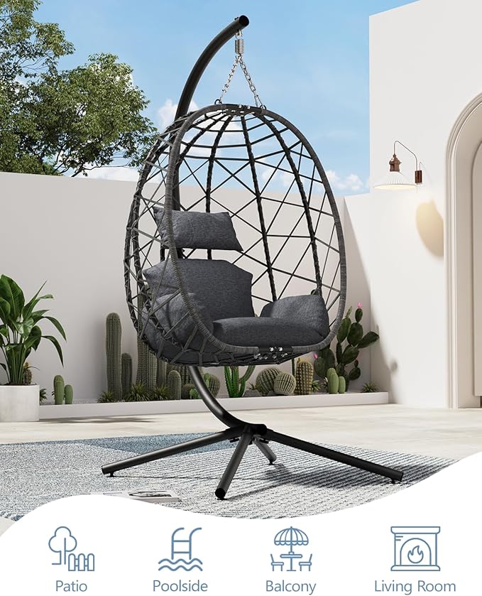 SWITTE Egg Swing Chair with Stand, Outdoor Patio Hanging Egg Chair, Indoor Hammock Chair with Cushion for Garden Backyard, 350LBS Capacity-Dark Grey