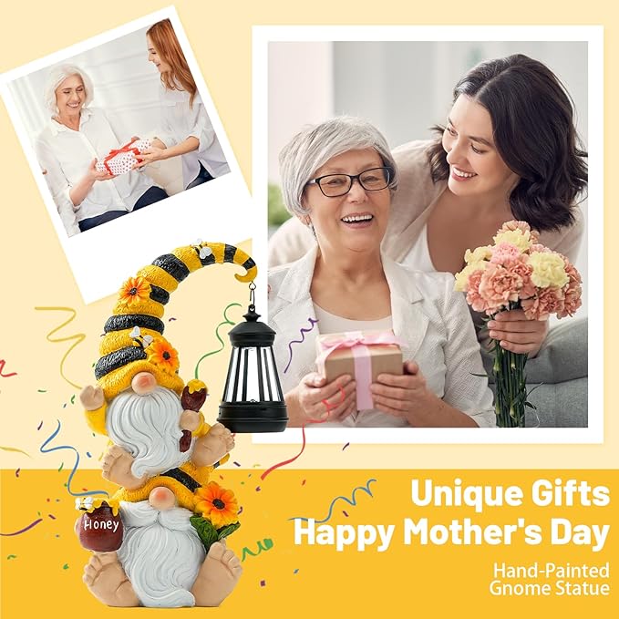 Solar Bee Garden Gnomes with LED Lantern – Waterproof Stacked Outdoor Decor for Yard, Patio – Unique Gnome Gift for Mom, Grandma, Women (Weatherproof Resin Outdoor Statues)