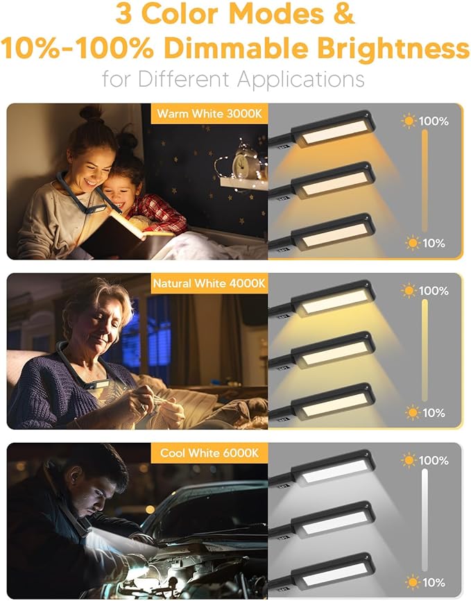 Book Light with EVA Case: Eye Caring 3 Color Dimmable Neck Reading Light, Bendable Neck Lamp with Power Display/Timer, Rechargeable Reading Lamp Knitting Crochet Accessories Sewing Craft Light