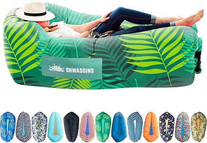 Chillbo Shwaggins Inflatable Couch – No-Pump Setup, Ripstop Polyester, Stability Pegs, Fun Prints, Portable Air Lounger for Beach, Camping, Festivals, and Tailgating - Green Leaf