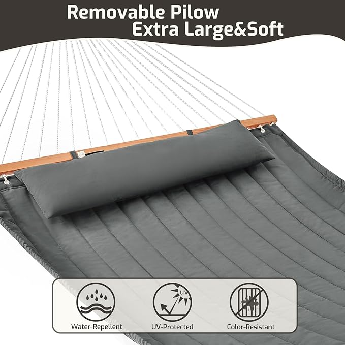 Double Quilted Fabric Hammock with Hardwood Spreader Bars and Pillow 450 LBS Capacity 2 Person Large Hammock for Outdoor Patio Backyard Poolside - Dark Grey