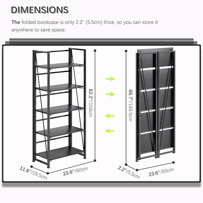 4NM No Assembly Folding Bookshelf, 5-Shelf 62.2" H Collapsible Foldable Bookcase Storage for Small Spaces, All Black