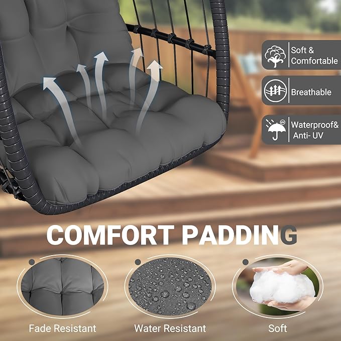 LEVELEVE Egg Chair with Stand,Patio Rattan Wicker Hanging Swing Egg Chair Hammock Chair for Bedroom Porch Garden,Thickened Aluminum Alloy Steel Frame and UV Resistant Cushion,350LBS Capacity(Grey)