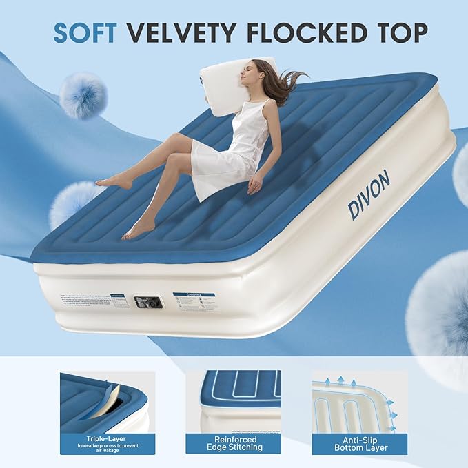 DIVON Air Mattress Queen with Built in Pump,18'' Raised Self Inflatable Mattress,Foldable Blow Up Mattress in 3 Mins,Portable Air Bed for Camping,Travel&Floor,Queen Size Air Matress for Adults,660lbs