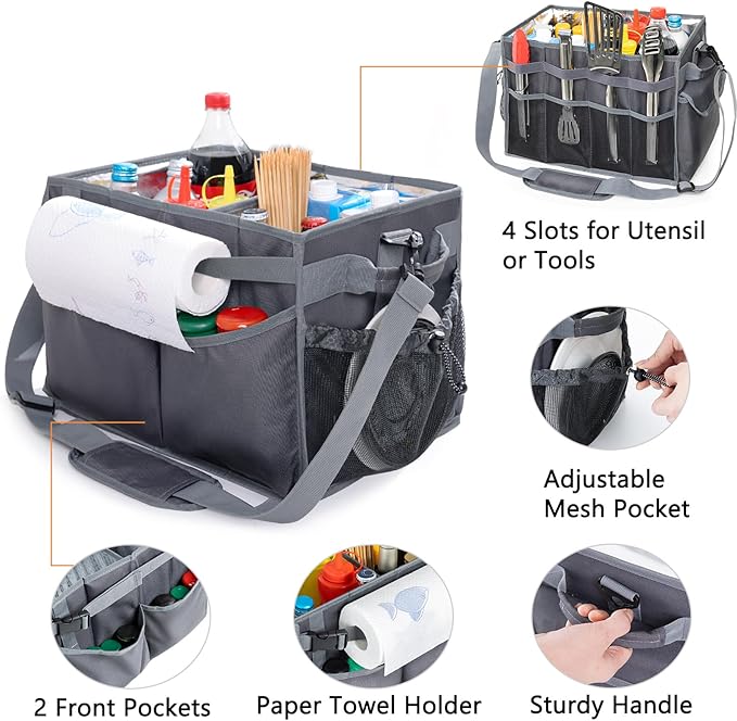 Large Grill Caddy with Paper Towel Holder – Collapsible BBQ Organizer for Camping, Tailgating, RV, Boating – Grilling Gifts for Men – Griddle Tote Bag with Shoulder Strap – Outdoor Essentials