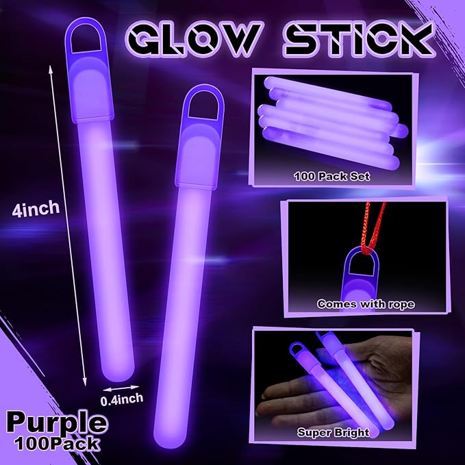 Lewtemi 4" or 6" 100 Pack Bright Glow Sticks Bulk, Glow in The Dark Party Supplies Birthday and Holidays Party Favors