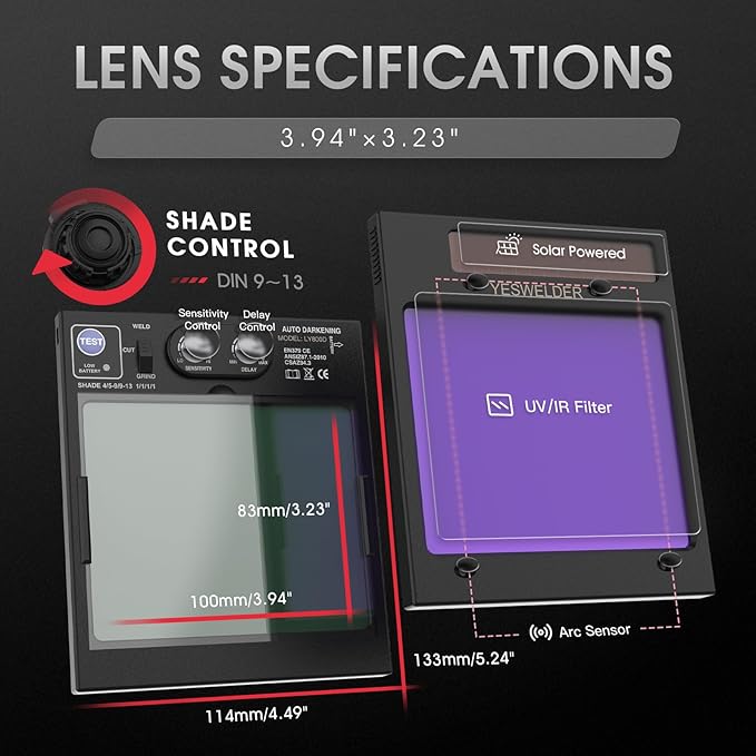 YESWELDER Auto Darkening Welding Helmet with Side View, 180° Panoramic View, 1/1/1/1 True Color Solar Powered Welder Hood, Wide Shade 4/5-9/9-13 Welder Mask for TIG MIG ARC Cut and Grind, LYG-Q800D